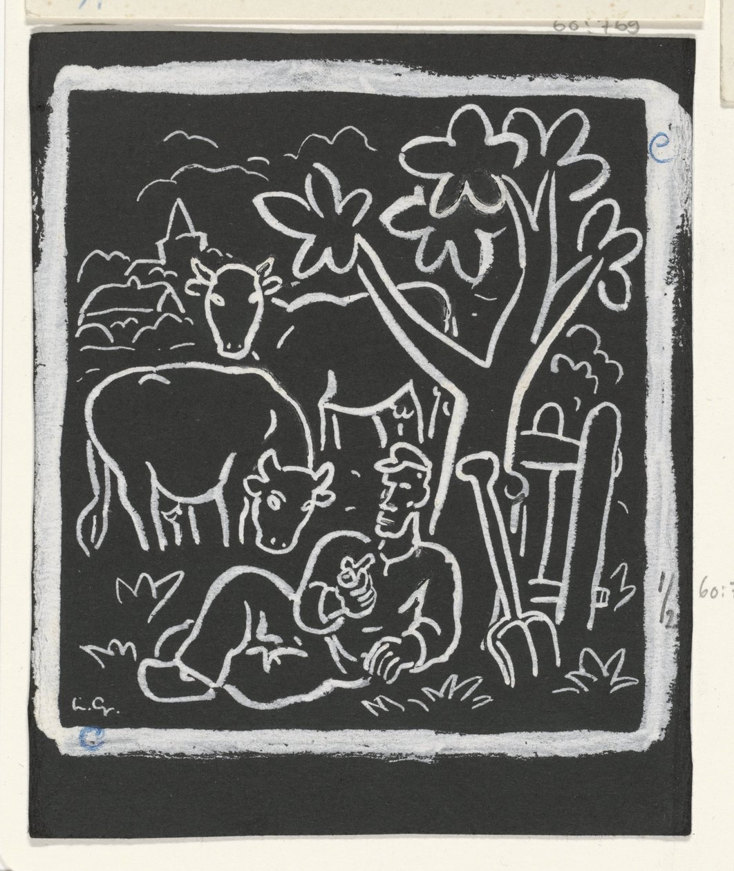 Paysans se reposant sous un arbre dans un pré avec des vaches - Leo Gestel (signed by artist)