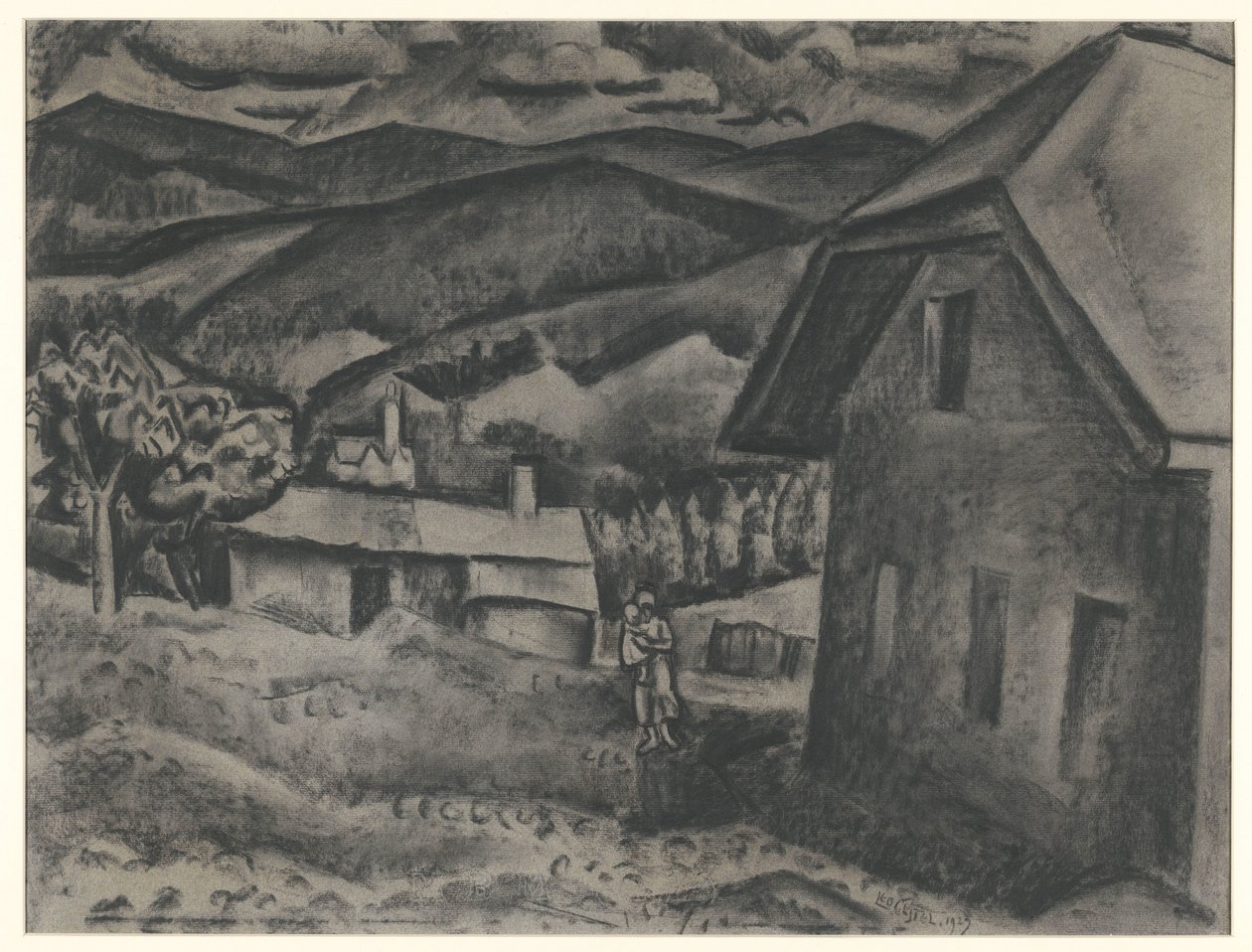 Paysage avec femme et enfant devant une maison - Leo Gestel (signed by artist)