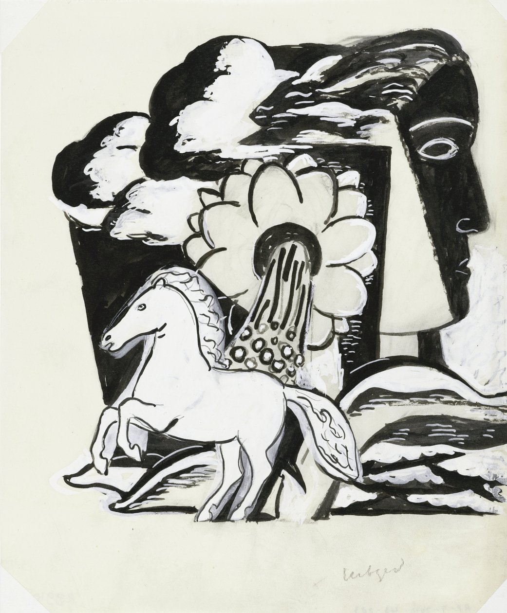 Cheval cabré, fleur et tête (esquisse) - Leo Gestel (signed by artist)