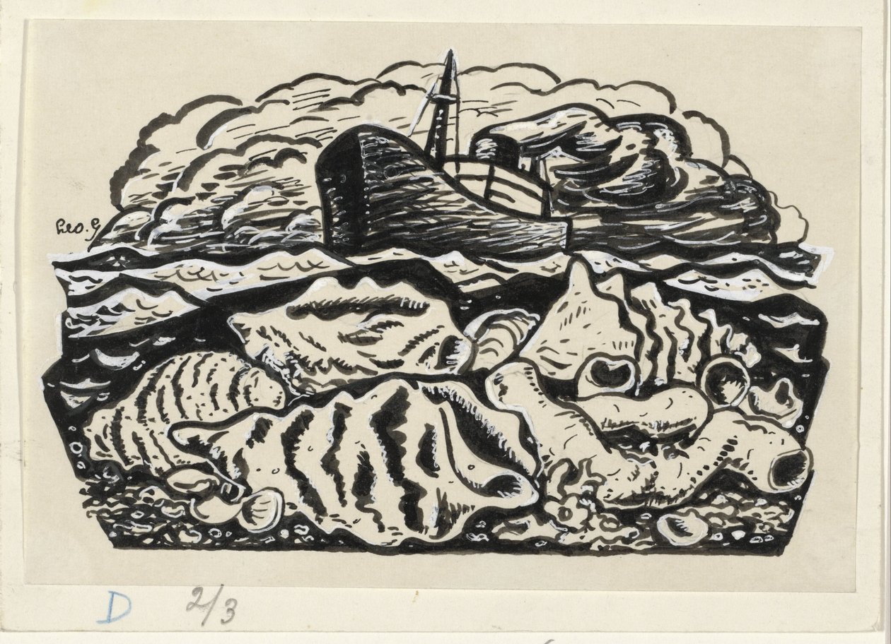 Vapeur en mer avec coquillages sur la plage - Leo Gestel (signed by artist)
