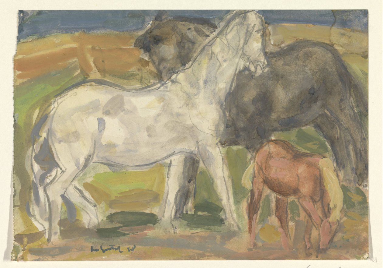Deux chevaux et un poulain dans un paysage - Leo Gestel (signed by artist)