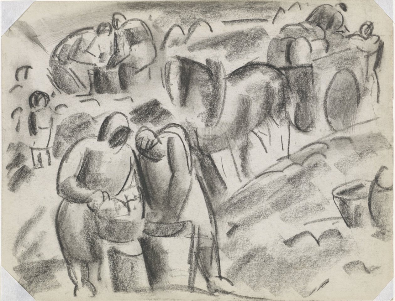 Récolteurs de pommes de terre dans le champ avec cheval et chariot - Leo Gestel