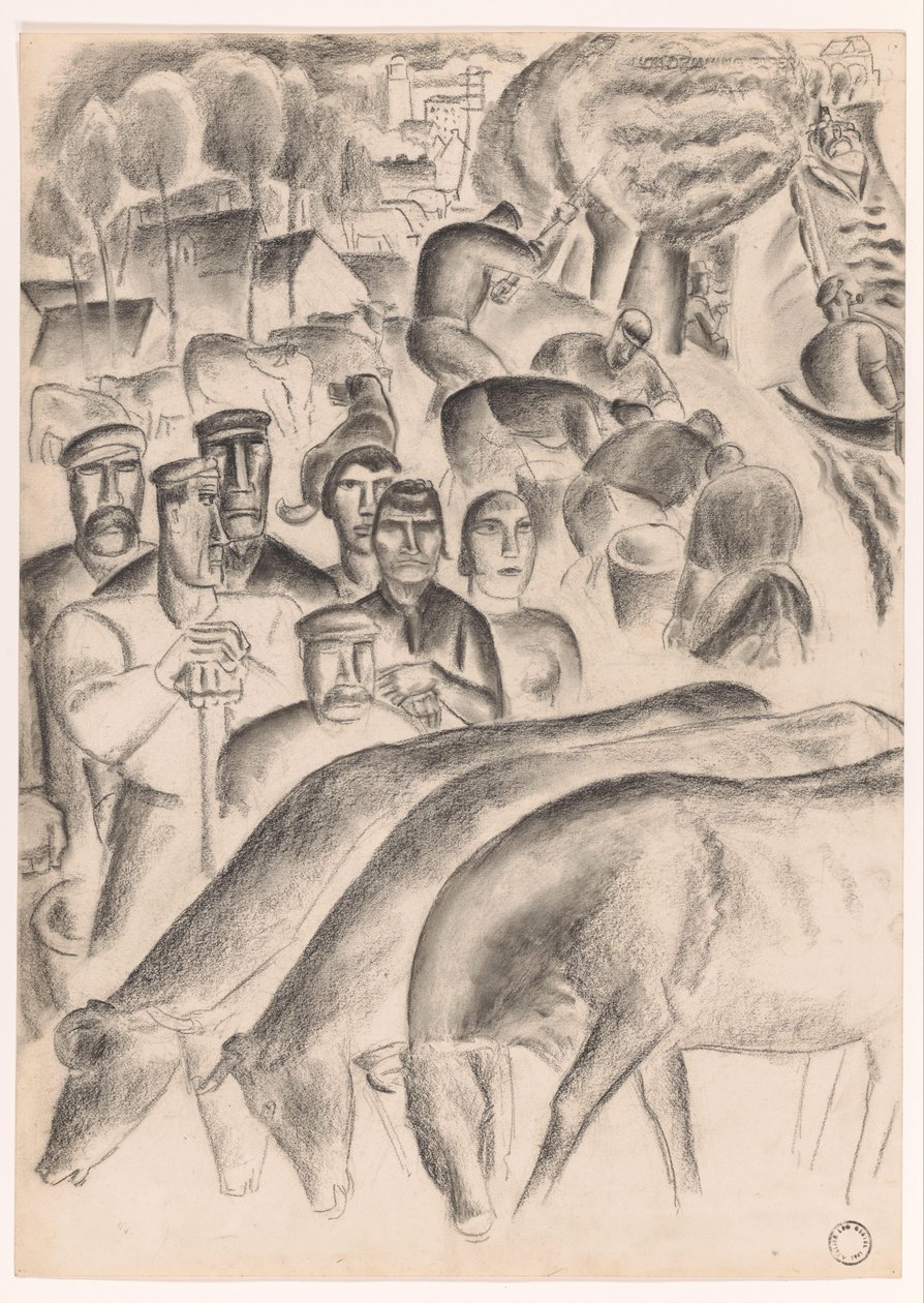 Vaches paissant, paysans et ouvriers dans les champs - Leo Gestel