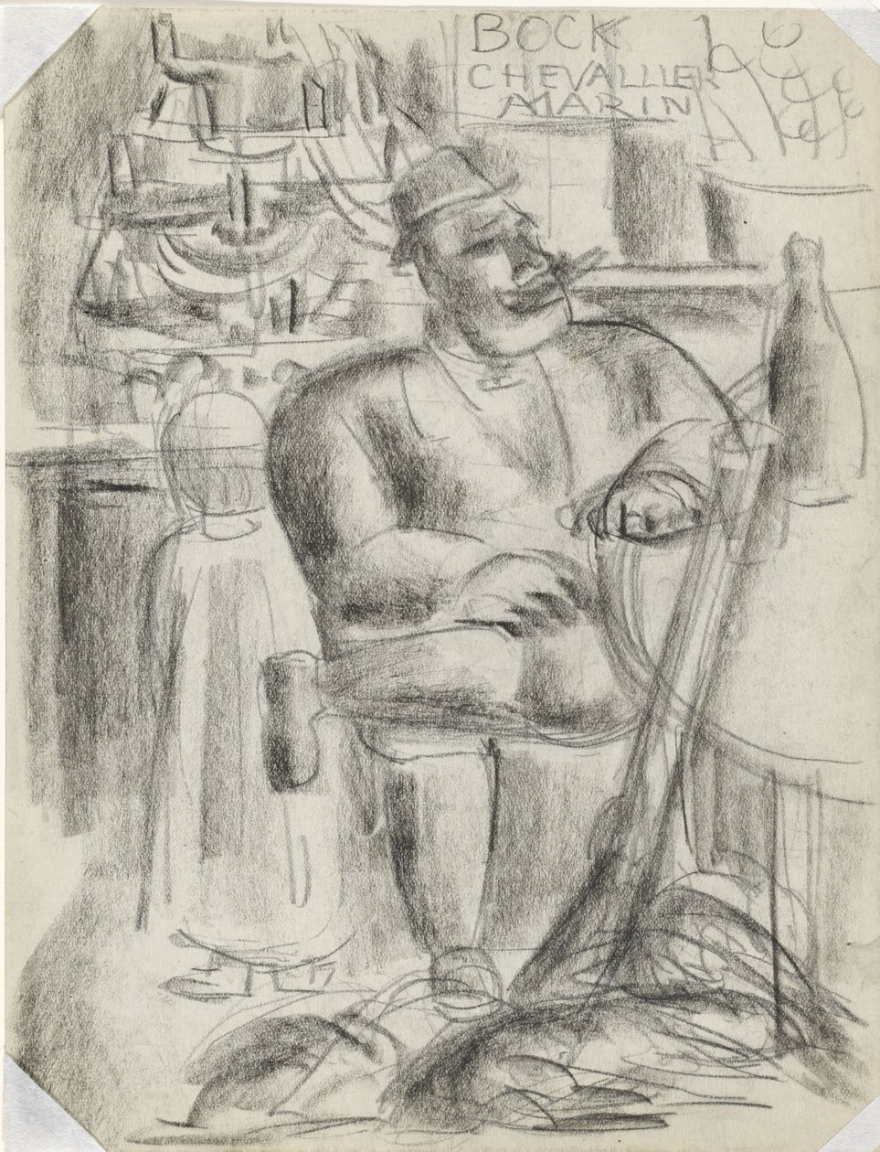 Chasseur assis à une table de café, en craie noire - Leo Gestel