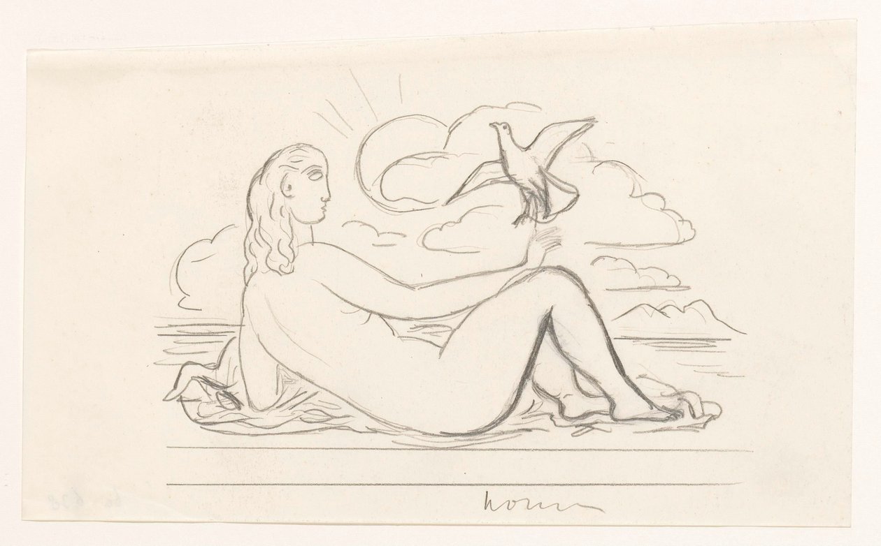 Femme nue allongée sur la plage et une mouette - Leo Gestel