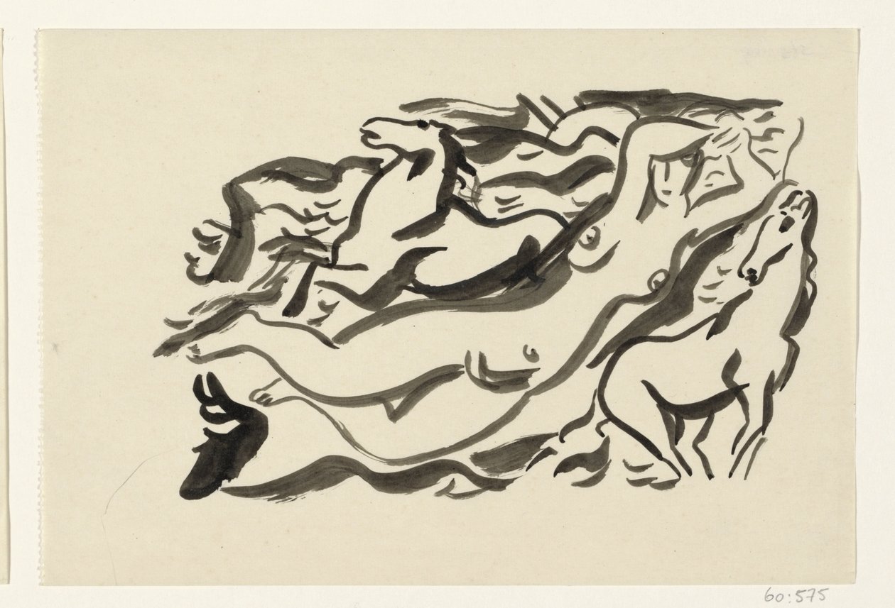 Femme nue et deux chevaux dans la mer - Leo Gestel