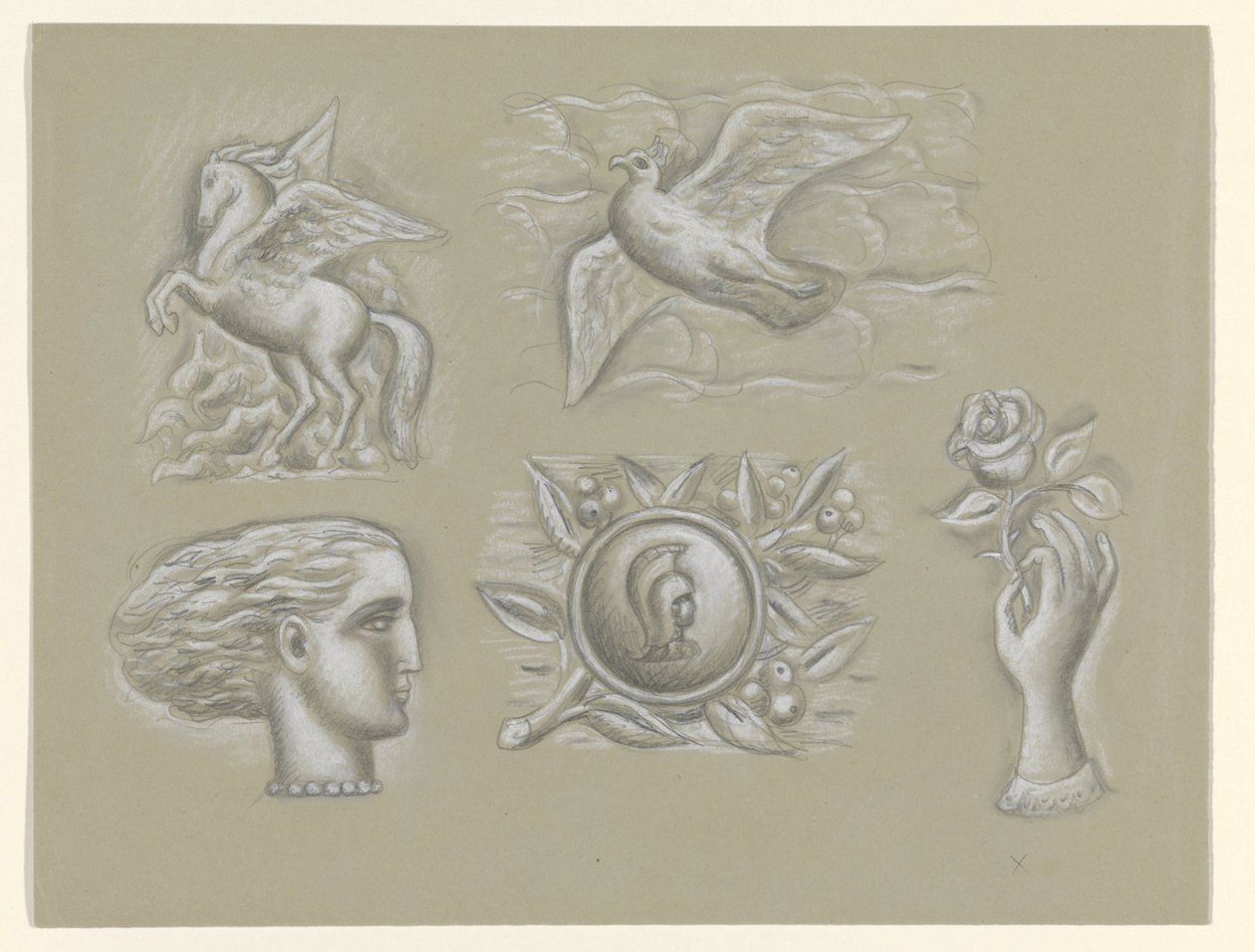 Pégase, colombe, tête de femme, arme et main avec rose - Leo Gestel