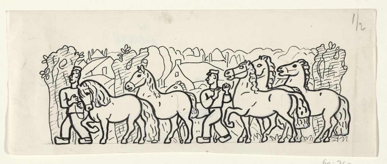 Deux paysans conduisant leurs chevaux à travers un village - Leo Gestel