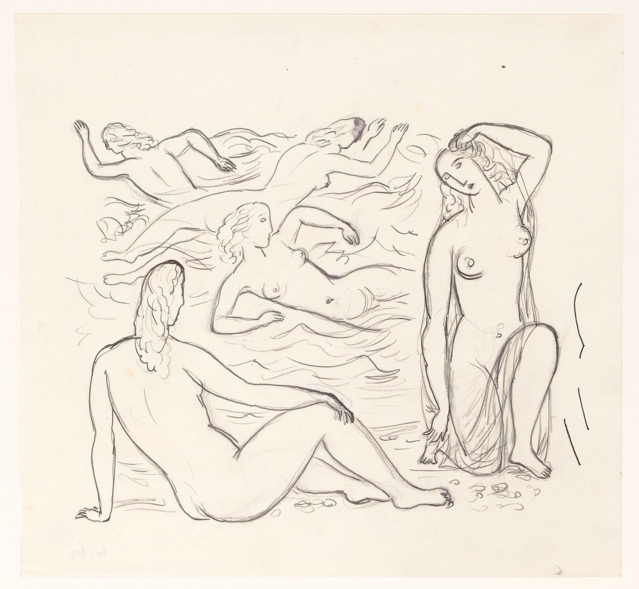 Cinq femmes nues, dans les vagues ou sur la plage - Leo Gestel