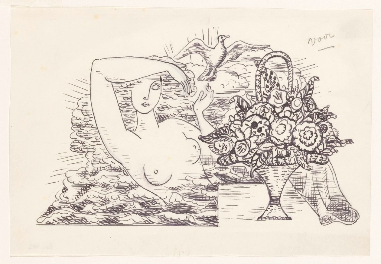 Nu féminin dans les vagues libérant un oiseau, au premier plan un panier de fleurs - Leo Gestel