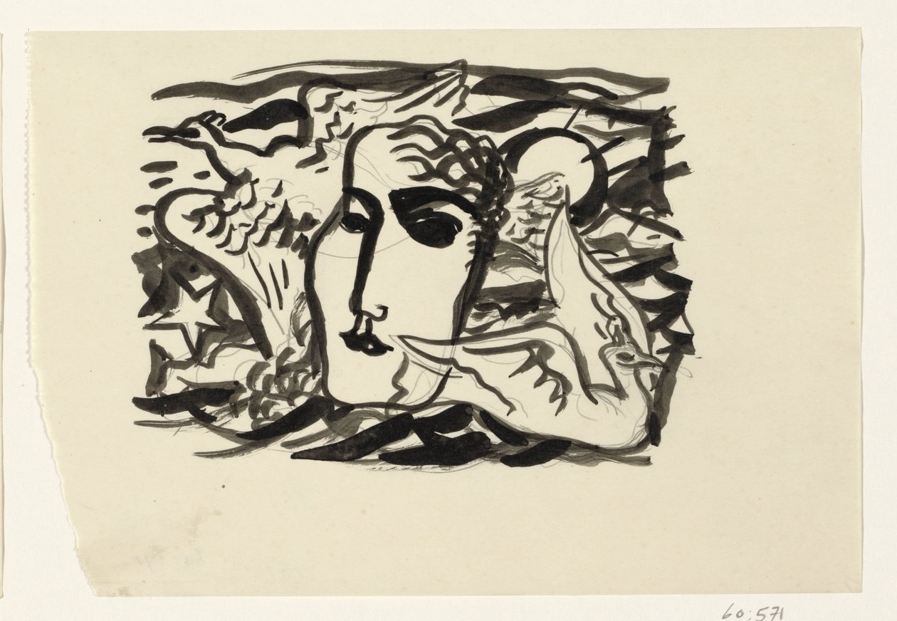 Tête de femme et mouettes avec la mer en arrière-plan - Leo Gestel