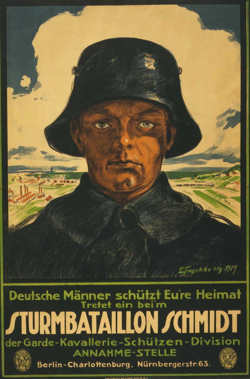 Sturmbataillon Schmidt; Deutsche Männer schütt Eure Heimat! 1919 (lithographie en couleur) - Leo Impekoven