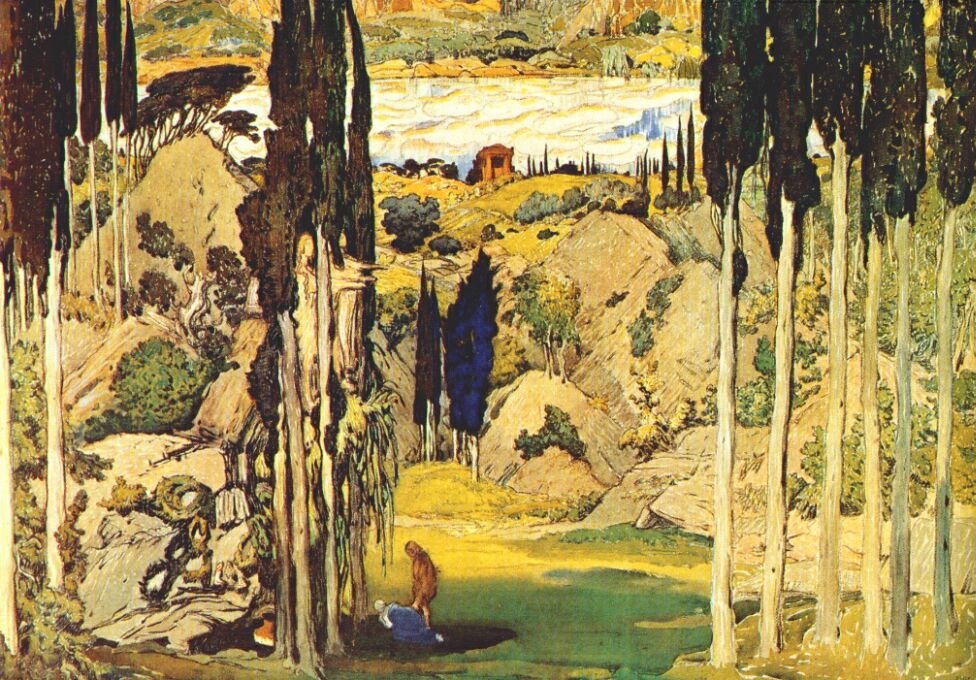 Décor pour la première mondiale du ballet Daphnis et Chloé, musique de Maurice Ravel, Paris - Leon Bakst