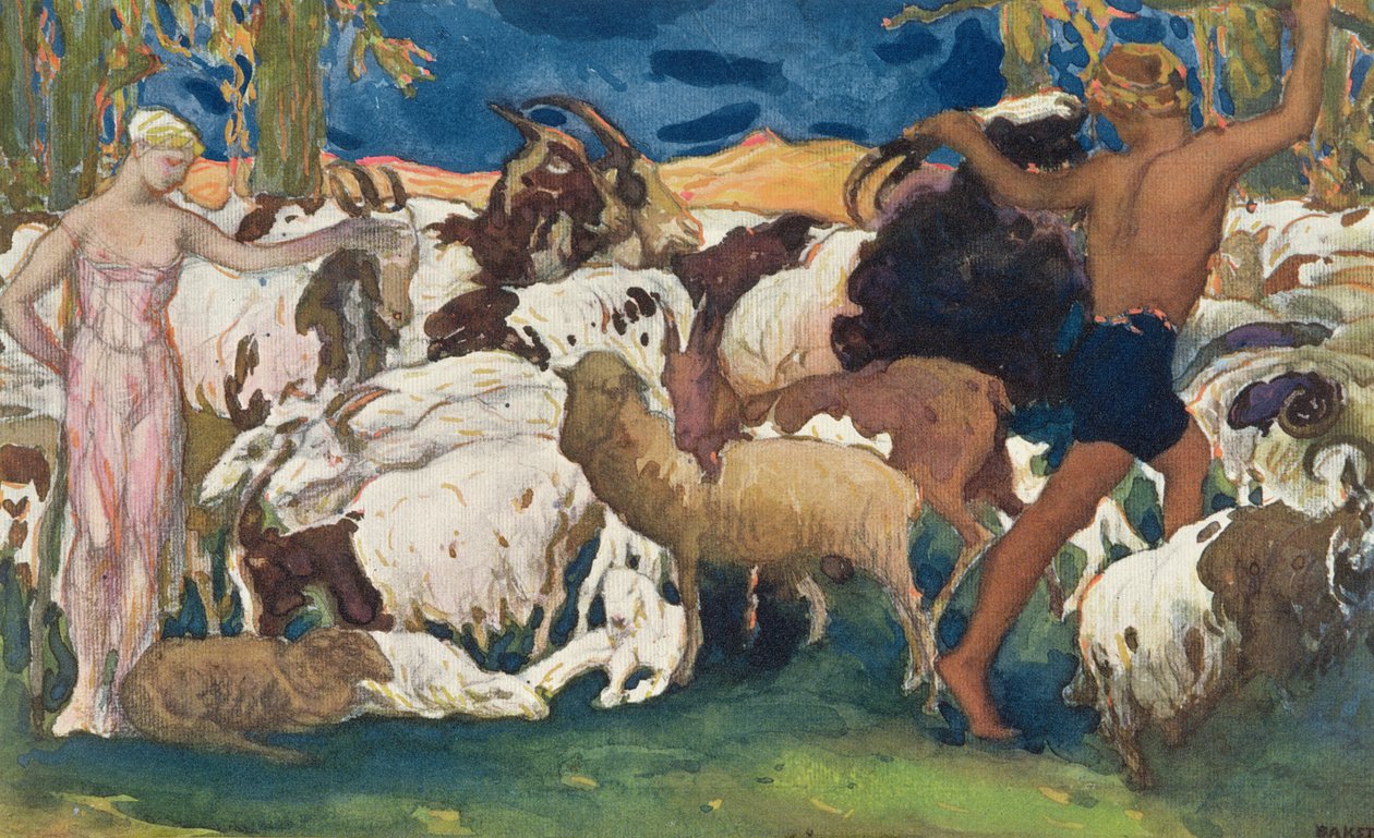 Daphnis et Chloé se disant bonne nuit, design pour un panneau décoratif, de Daphnis et Chloé, c.1912 - Leon Bakst