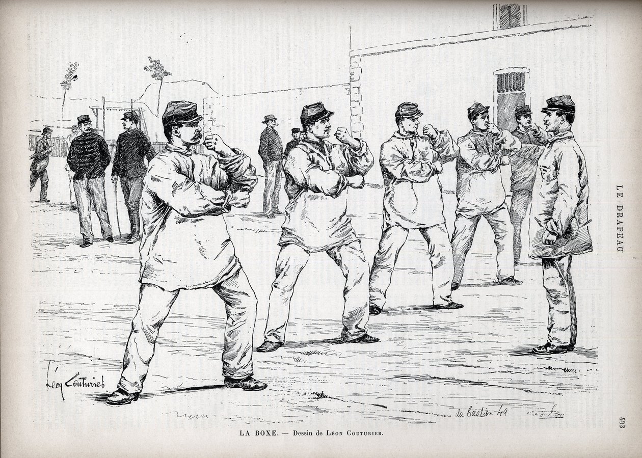 La Boxe - Armées françaises - dessin de Léon Couturier - pour "Le Drapeau" - Moniteur de la Ligue des Patriotes - 22 août - Leon Antoine Lucien Couturier
