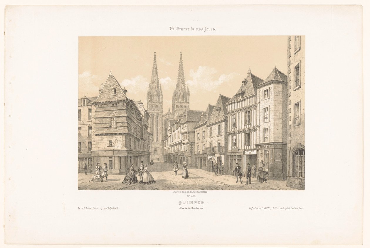 Vue de la rue Kéréon et de la cathédrale à Quimper - Leon Auguste Asselineau