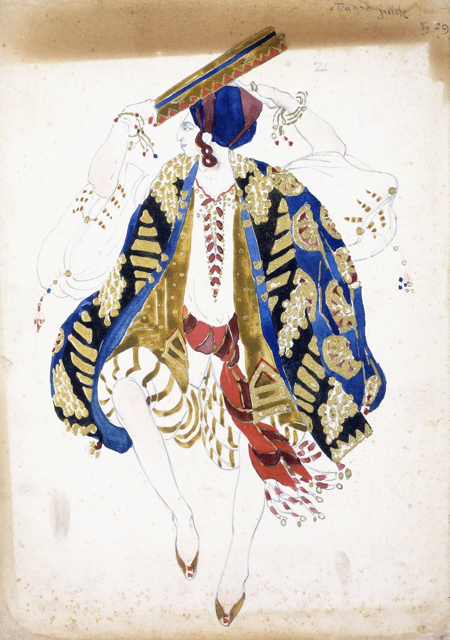 Costume pour un danseur dans "Danse Juive", portant des knickerbockers et un turban, jouant du tambourin - Leon Bakst