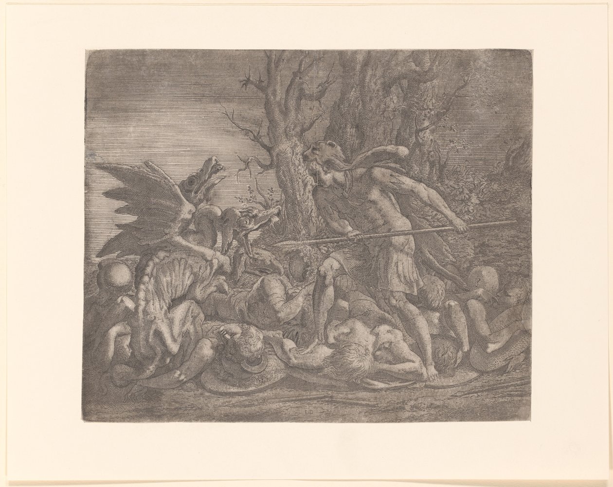 Jeune homme avec peau de lion sur la tête, peut-être Cadmus, combattant un dragon - Leon Davent