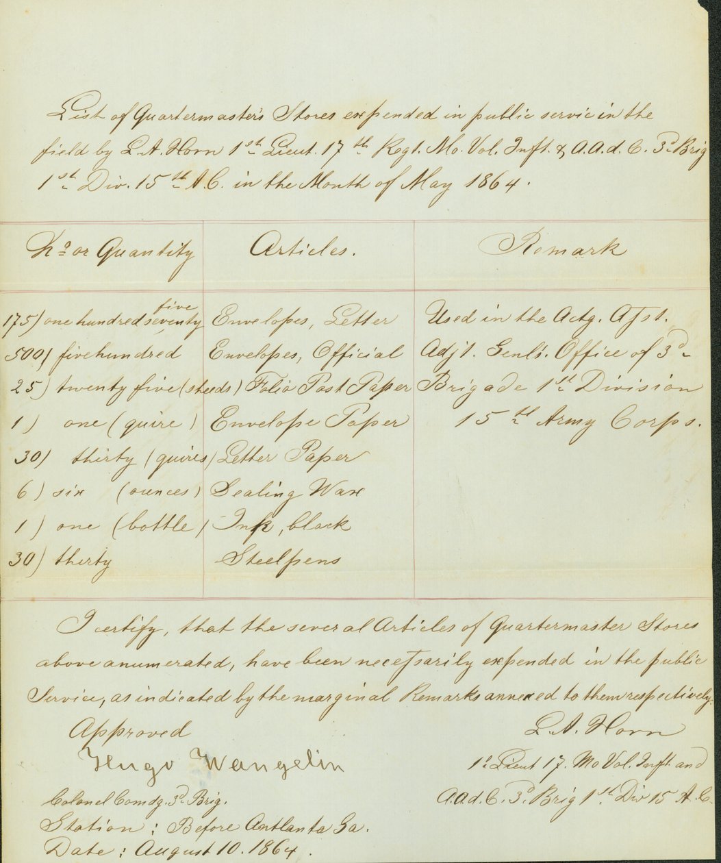Liste des articles dépensés dans le service public sur le terrain par L.A. Horn en mai 1864 - Leonard A. Horn