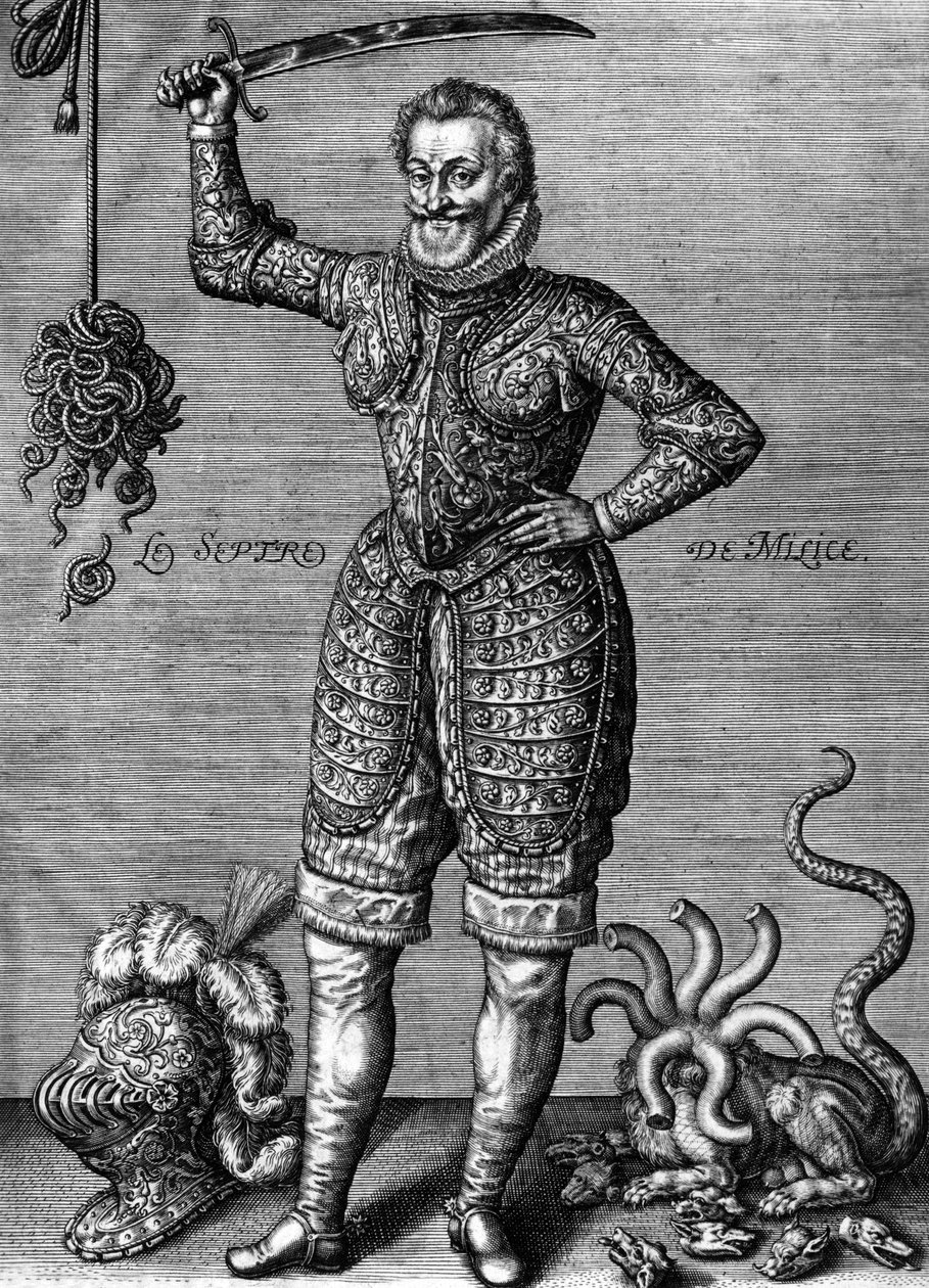 Henri IV (1553-1610) roi de France de 1589 à 1610, ici portant une armure, tenant une épée, en tant que redresseur de torts, gravure de Léonard Gaultier - Leonard Gaultier