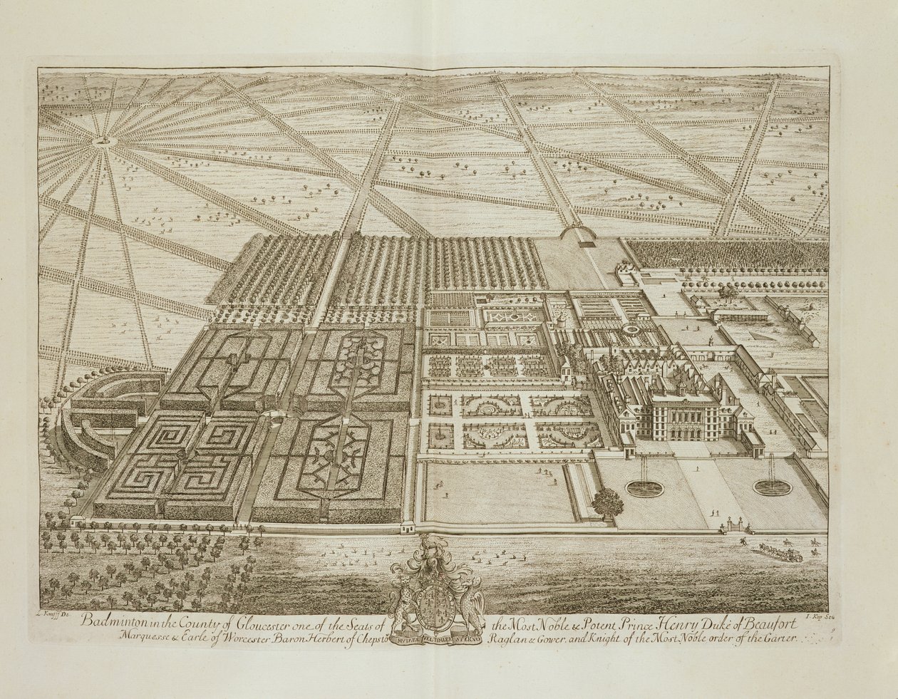 Badminton House dans le Comté de Gloucester, gravé par Johannes Kip (vers 1652-1722) - Leonard Knyff