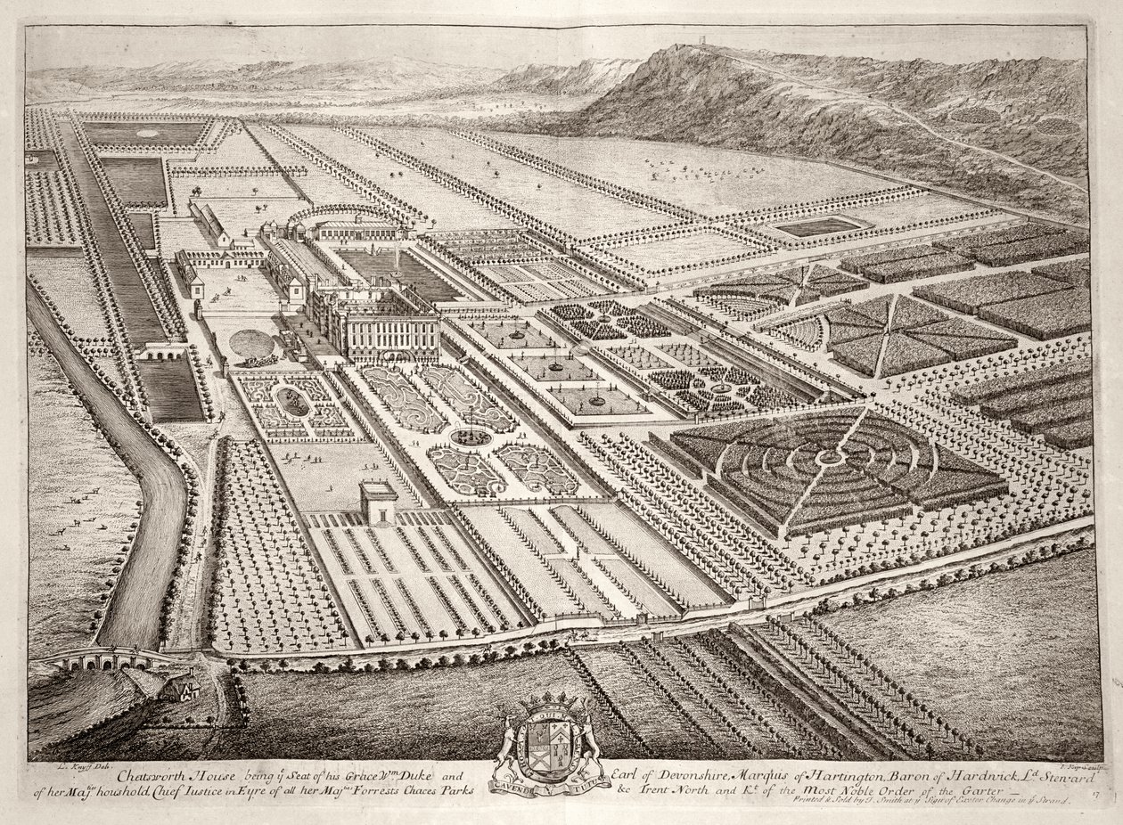 Chatsworth House, siège de William Cavendish (1640-1707) 1er Duc de Devonshire, gravé par Johannes Kip - Leonard Knyff