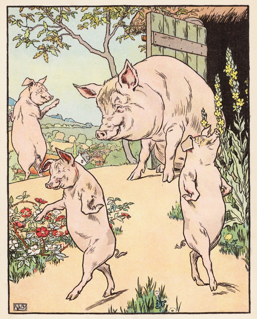 Les trois petits cochons (lithographie couleur) - Leonard Leslie Brooke