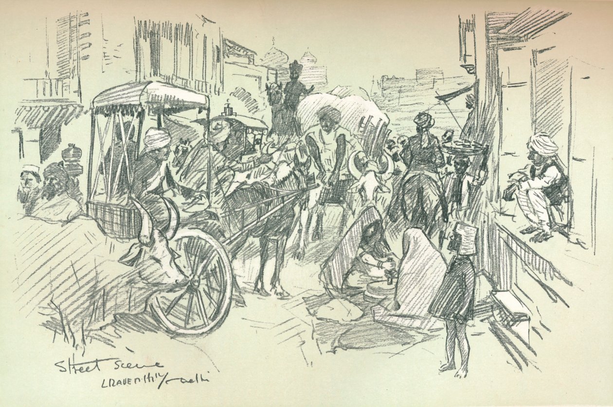 Scène de rue à Delhi, vers 1903 - Leonard Raven-Hill