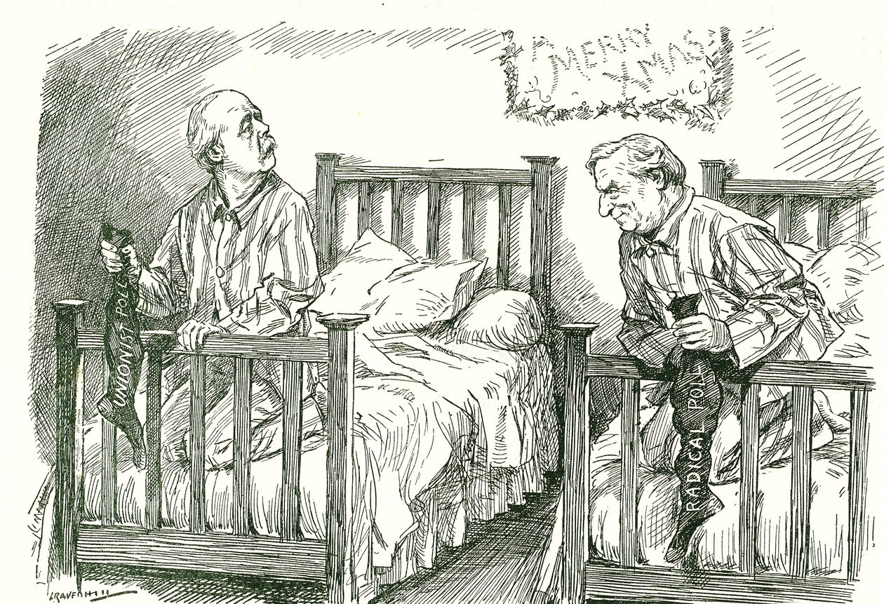 Arthur Balfour, conservateur, et Herbert Asquith, libéral, avec leurs bas de Noël. Lors des élections générales de décembre 1910, aucun n