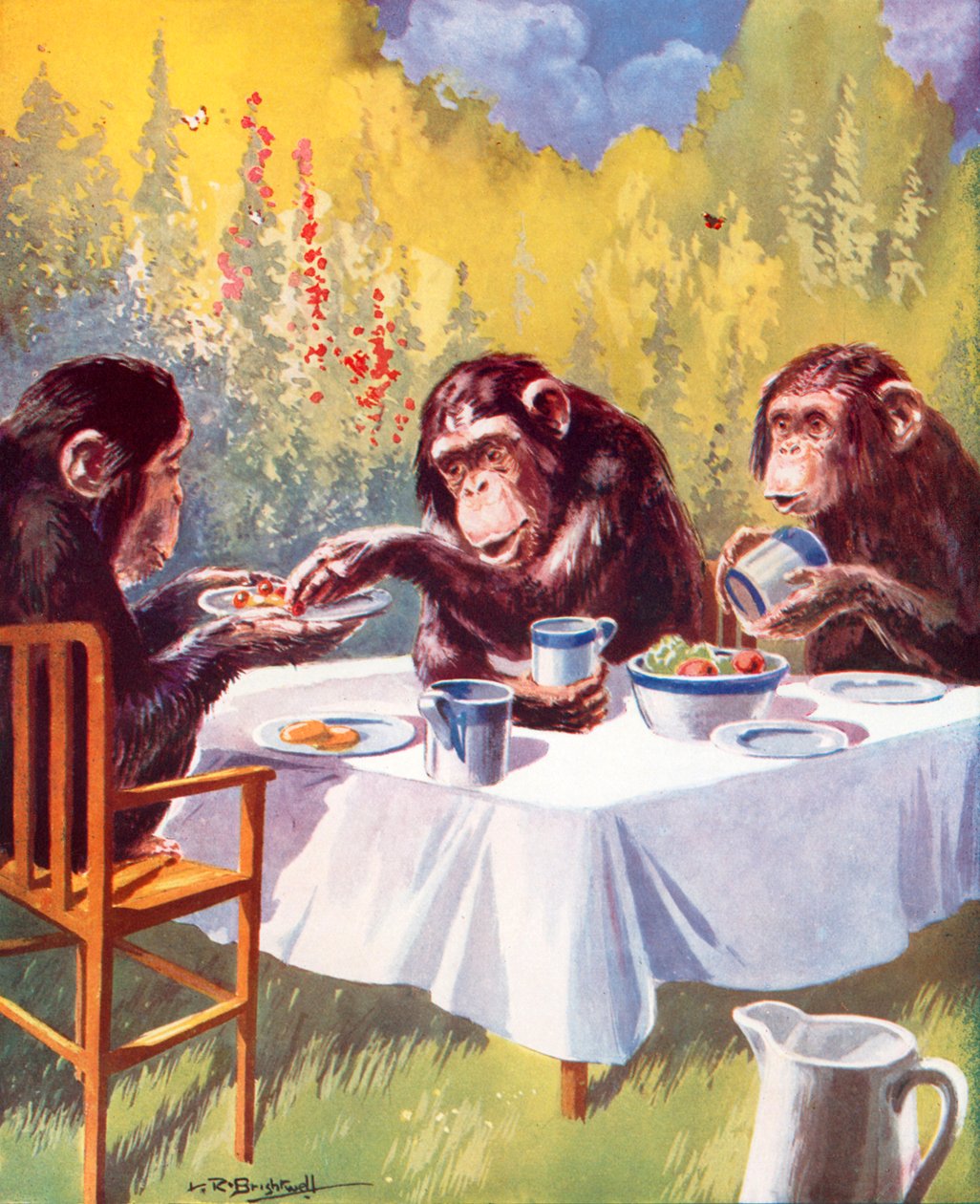 Un goûter pour les chimpanzés (lithographie couleur) - Leonard Robert Brightwell