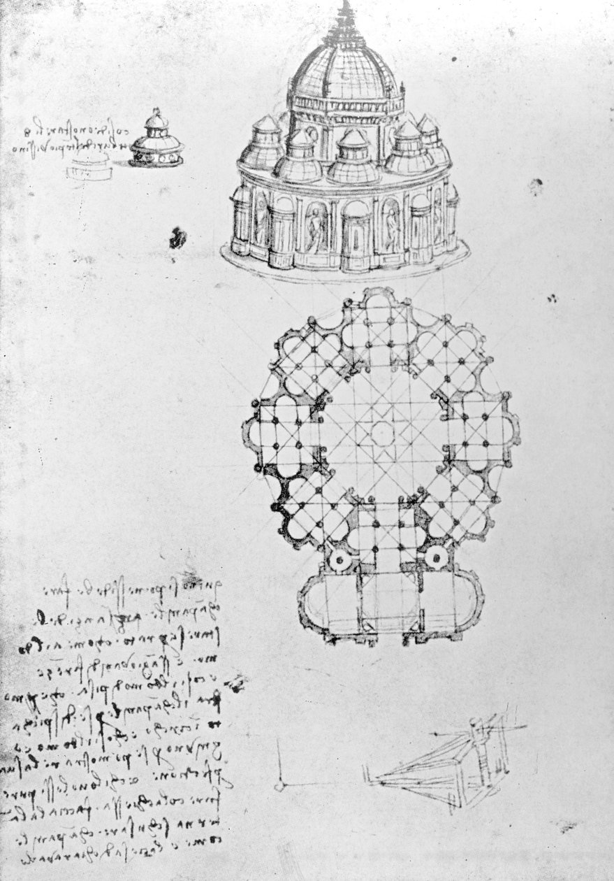 Église centralisée et ingénierie maritime, fol. 5v du Codex Ashburnham (anciennement partie du Manuscrit B (2184), vers 1488 - Leonardo da Vinci