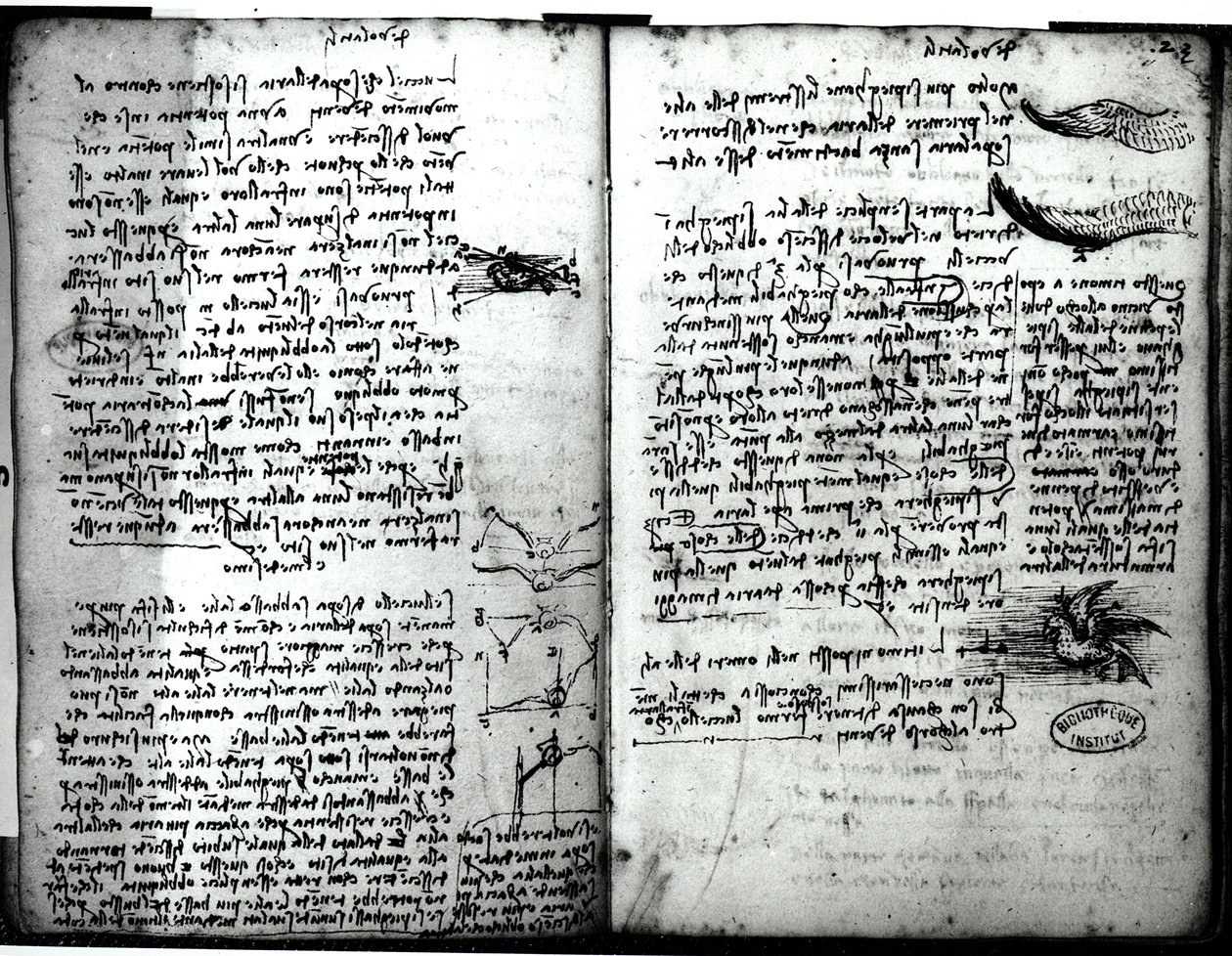 Manuscrit de Paris E, fol. 22v et 23r : Esquisse du vol des oiseaux, 1513-14 - Leonardo da Vinci