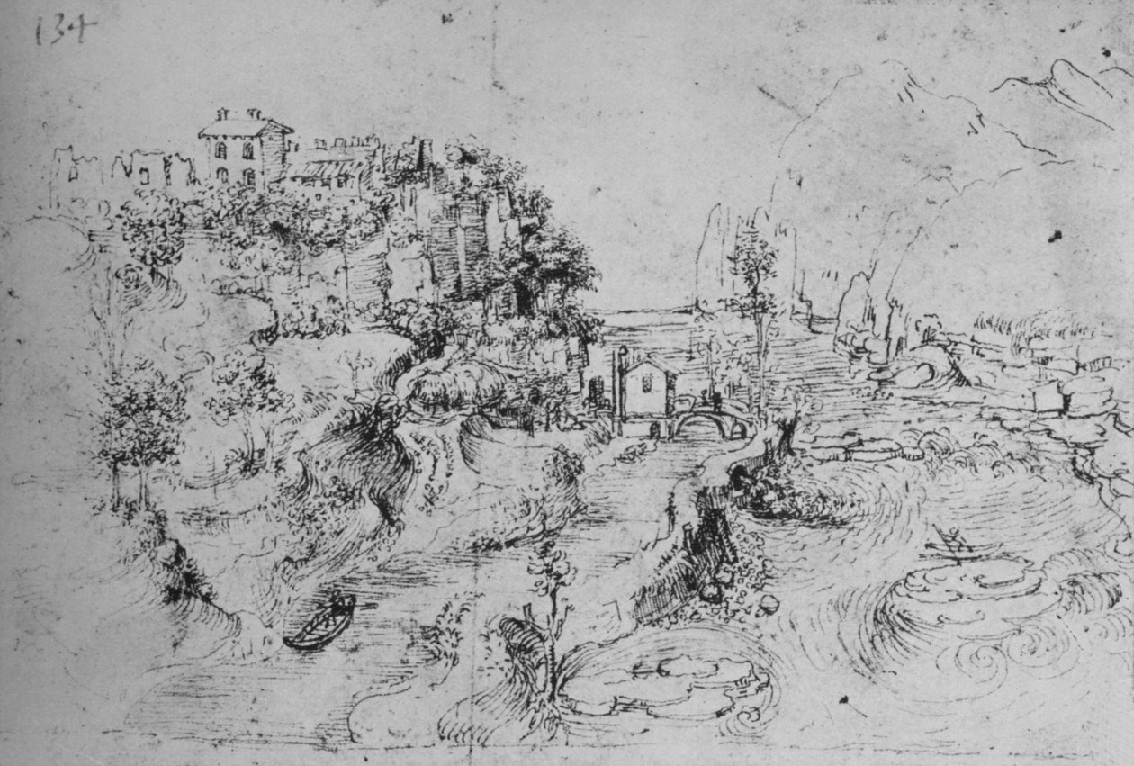 Une rivière avec un canal à côté et un château sur une colline - Leonardo da Vinci