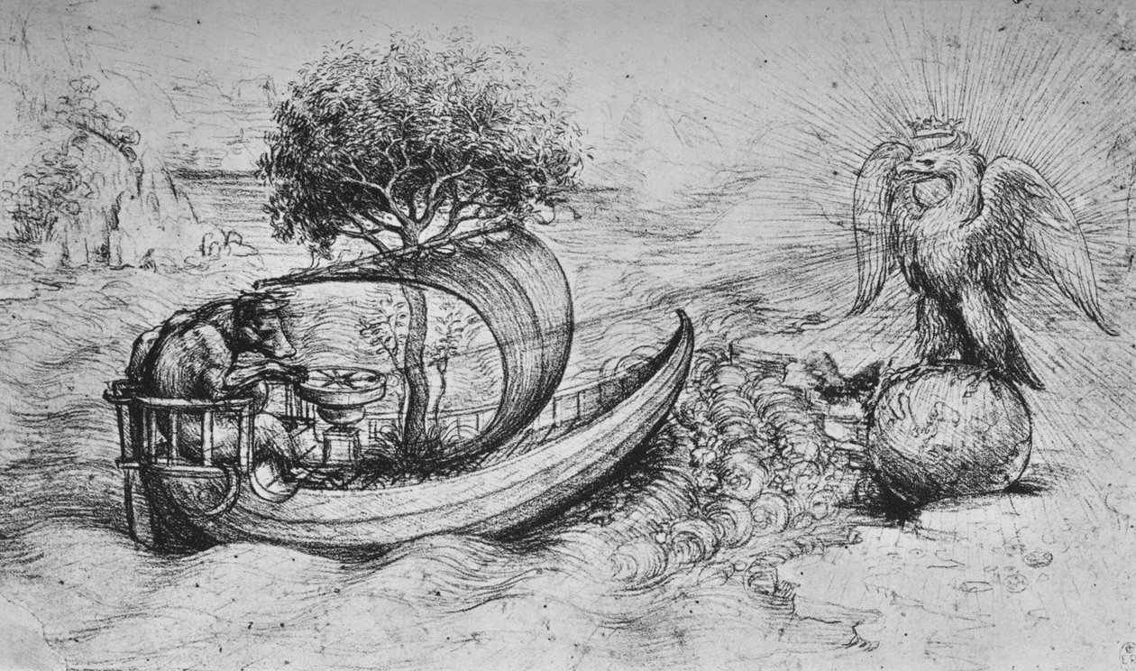 Allégorie : Un aigle couronné debout sur un globe et un loup dirigeant un bateau - Leonardo da Vinci