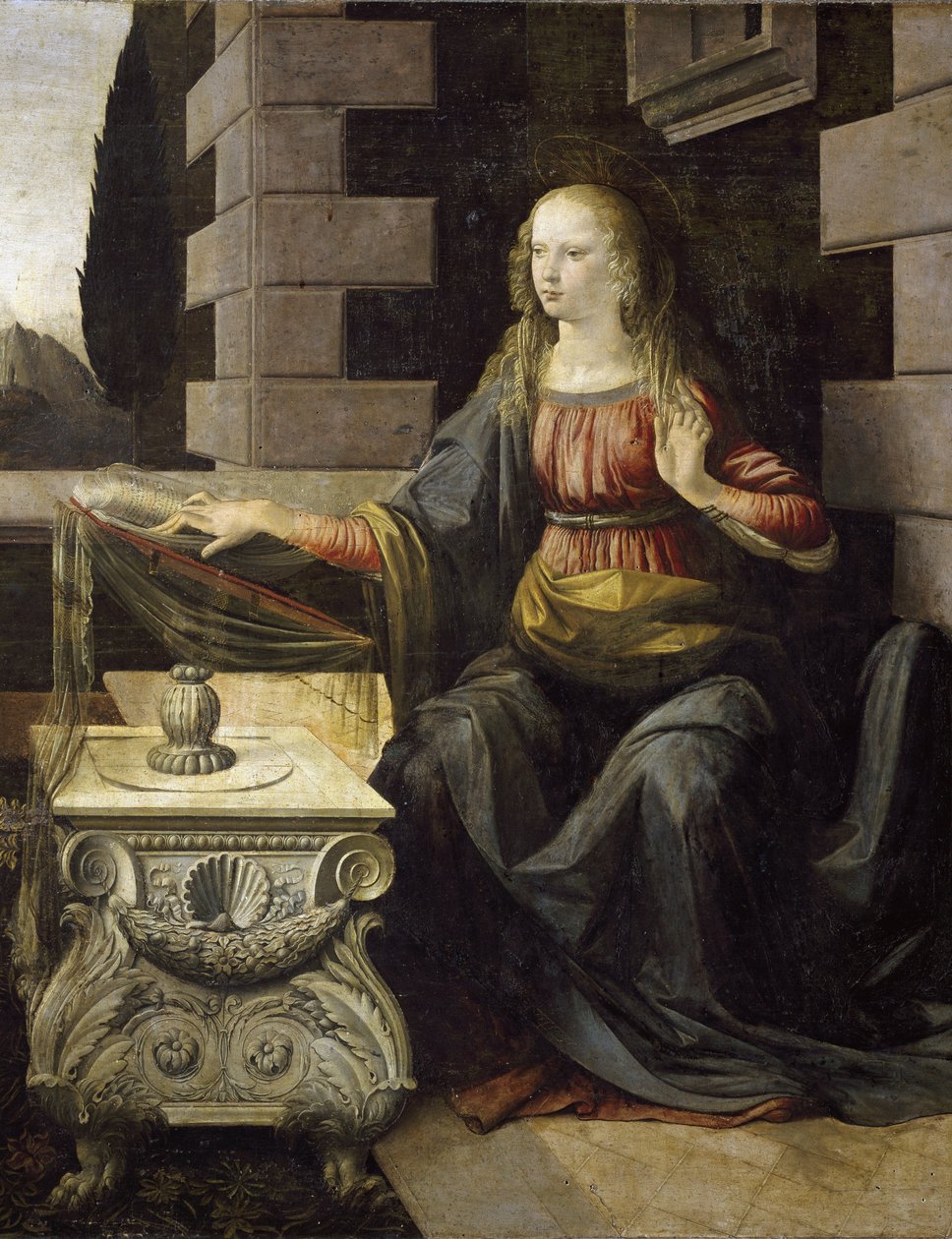 Annonciation. Détail de la Vierge Marie et de son bureau, décoré d