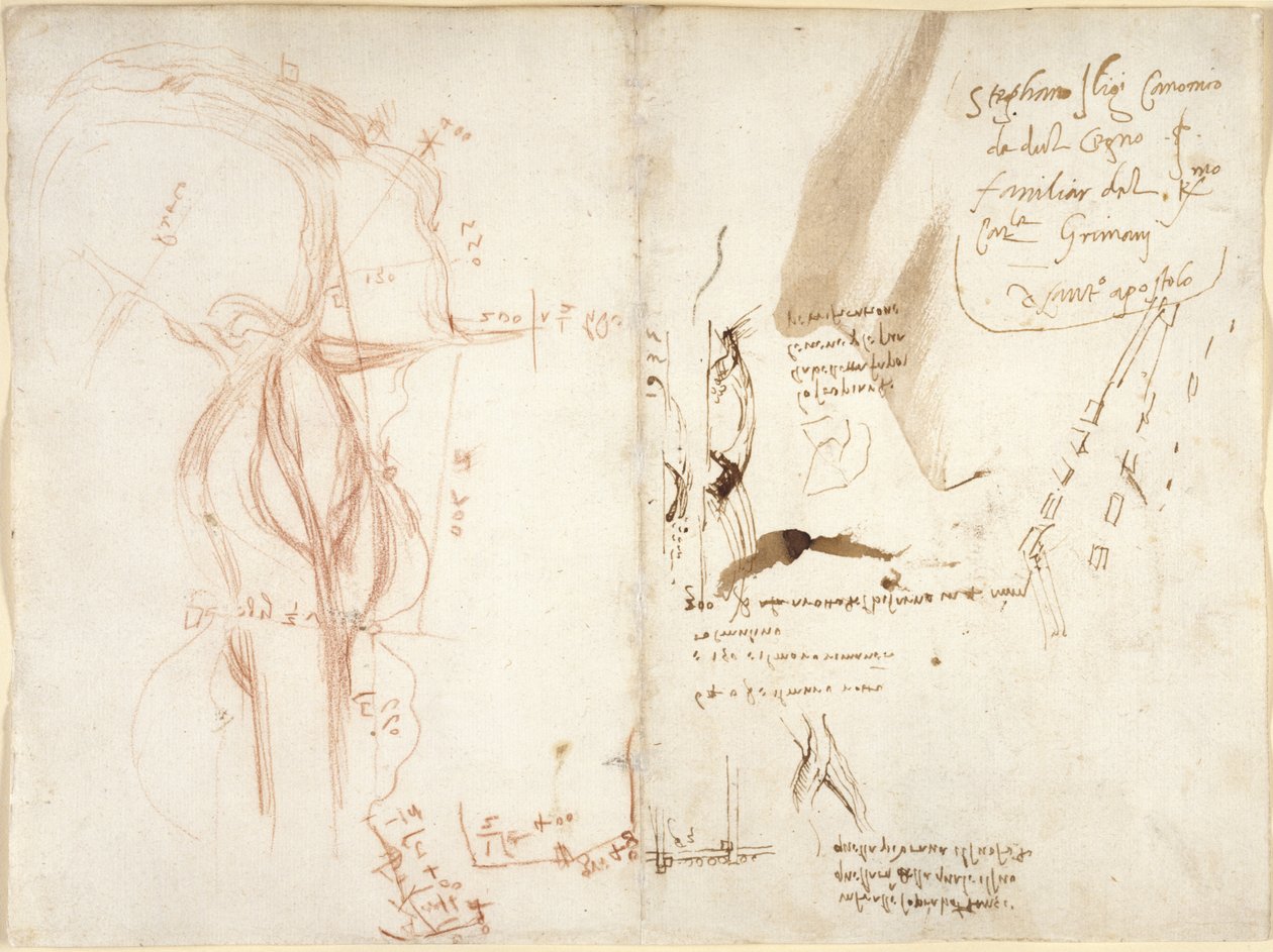 Arundel 263, f.275v, f.274 Croquis planimétrique de la rivière Arno; notes sur les distances et les directions - Leonardo da Vinci