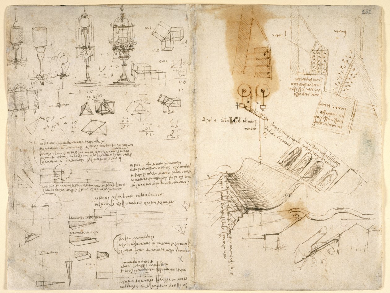 Arundel 263, f.283v, f.282 Croquis de lampes articulées; notes sur la mécanique; calculs mathématiques; croquis géométriques - Leonardo da Vinci