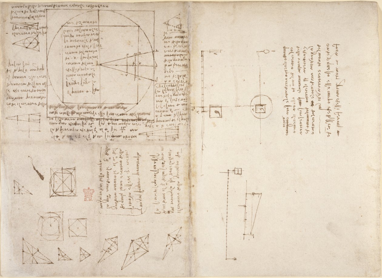 Notes et diagrammes sur la mécanique et le centre de gravité, du 