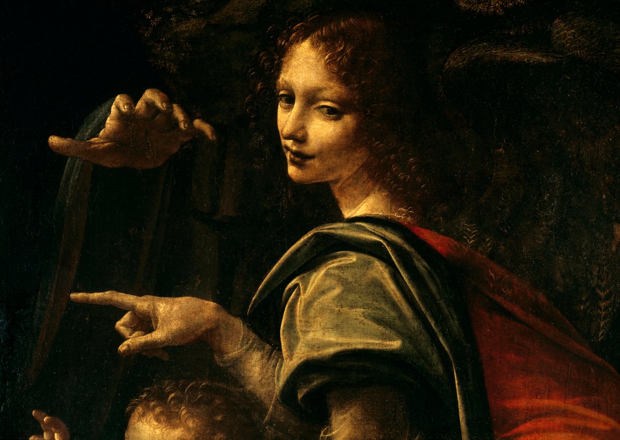 Détail de la Vierge aux rochers, Saint Jean-Baptiste pointant du doigt et main de la Vierge Marie - Leonardo da Vinci