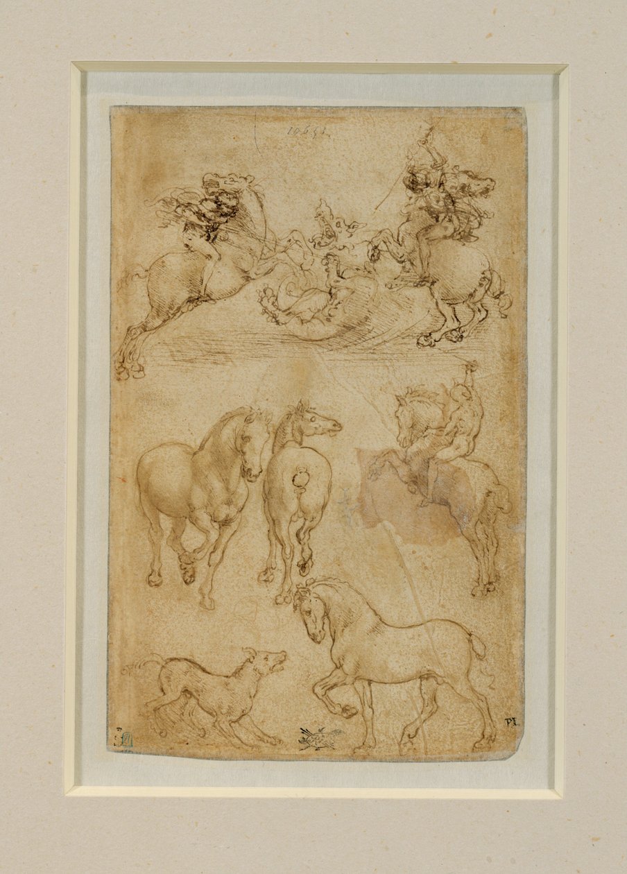 Deux cavaliers combattant un dragon;un cavalier et deux chevaux;un chien et un cheval … - Leonardo da Vinci
