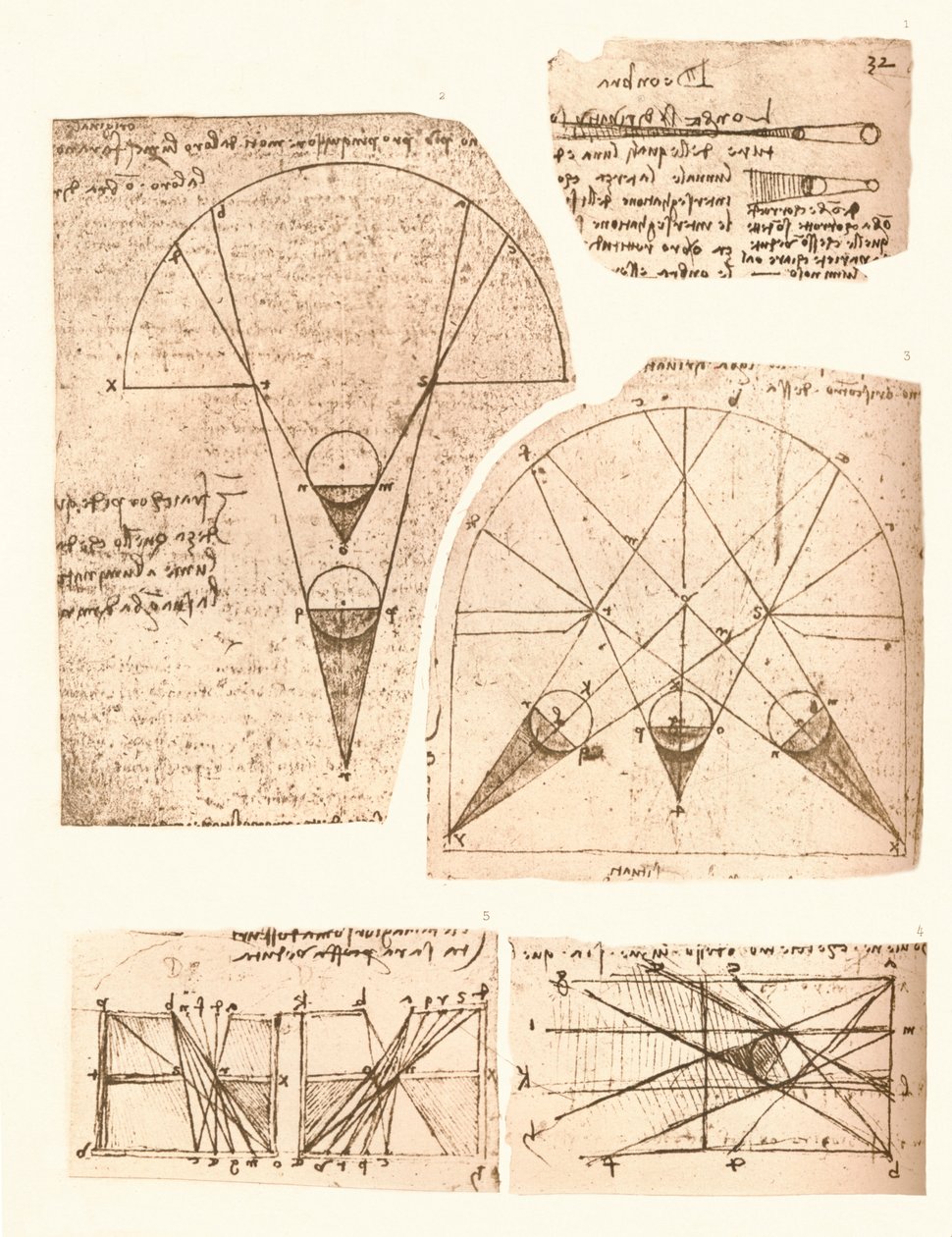 Cinq diagrammes illustrant la théorie de la lumière et de l