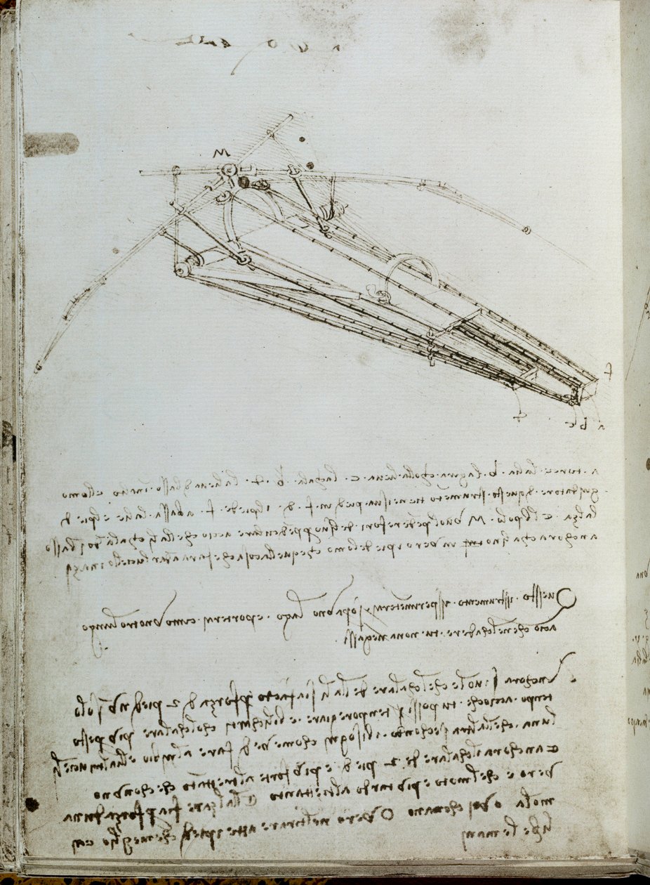 Dessin de machine volante. Manuscrit de Léonard de Vinci - Leonardo da Vinci
