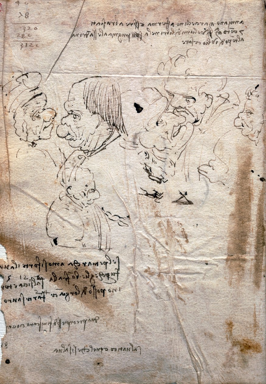 Caricatures masculines et liste de bibliothèque, Codex Trivulzianus - Leonardo da Vinci