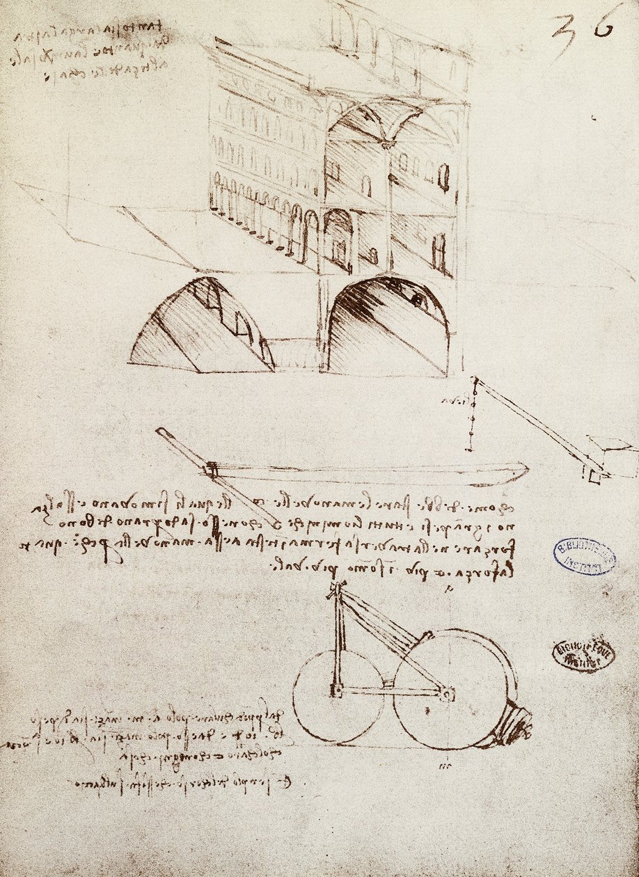 Manuscrit B, f 36 r Études architecturales, développement et sections de bâtiments dans une ville avec des rues surélevées - Leonardo da Vinci