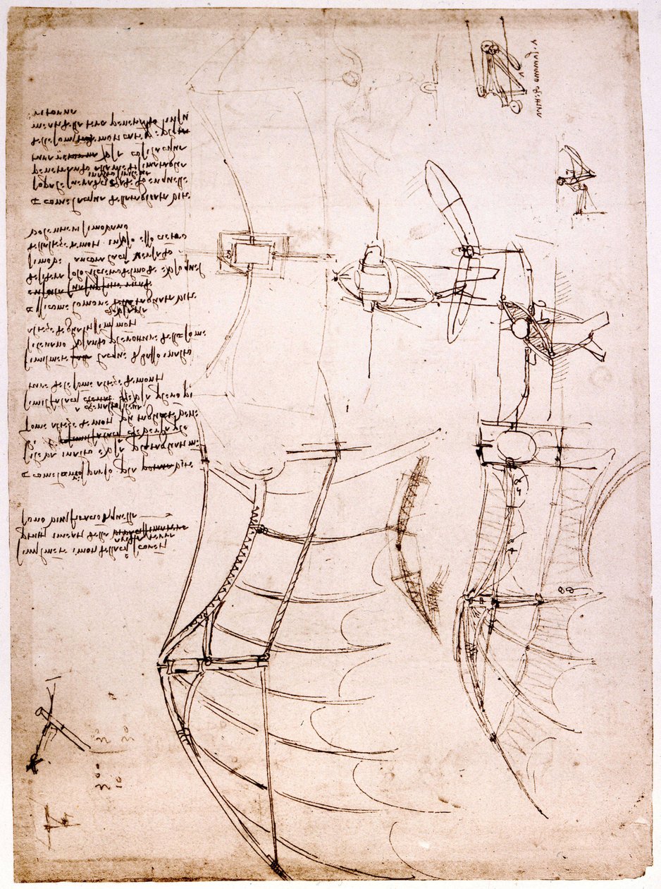 Étude sur les ailes. Codex Atlanticus. Dessin de Léonard de Vinci vers 1499. - Leonardo da Vinci