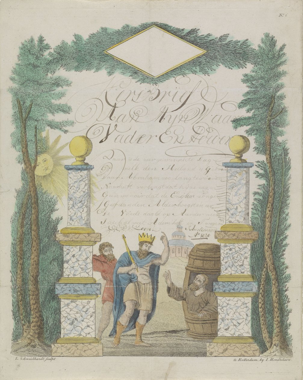 Lettre de souhaits avec Alexandre le Grand visitant Diogène dans le tonneau - Leonardus Schweickhardt