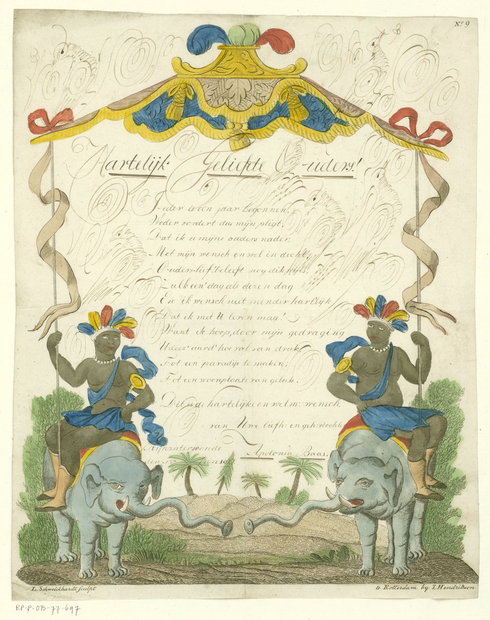 Lettre de souhaits avec des hommes noirs sur des éléphants - Leonardus Schweickhardt