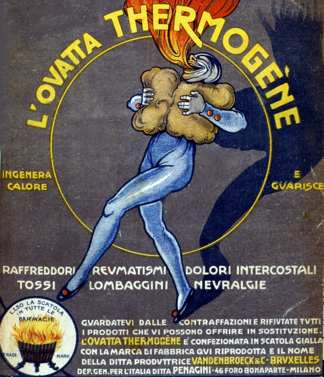 Publicité pour la laine de coton thermogène soignant les rhumes, douleurs internes, rhumatismes, toux, névralgies et lumbagos - Leonetto Cappiello
