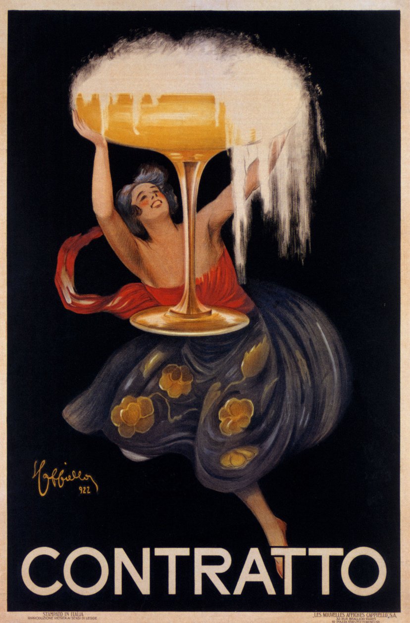 Affiche publicitaire pour le vin mousseux "Contratto": une petite fée, un elfe levant une énorme coupe. Illustration de Leonetto Cappiello (1875-1942) 1922 - Leonetto Cappiello