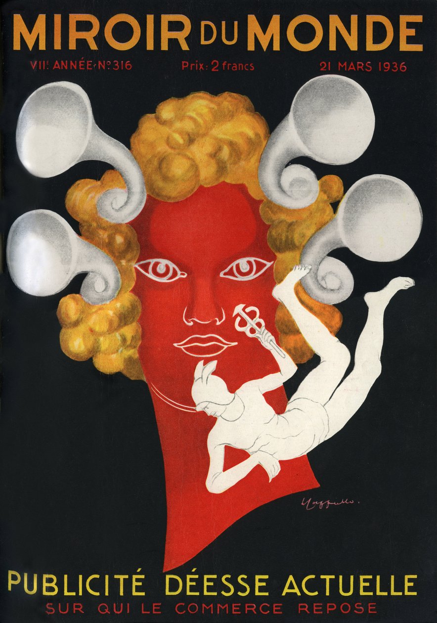 Allégorie de la Publicité « Déesse actuelle sur laquelle repose le commerce », avec Mercure, dieu des voyageurs et du commerce. Couverture du magazine Miroir du monde n°316, 21 mars - Leonetto Cappiello